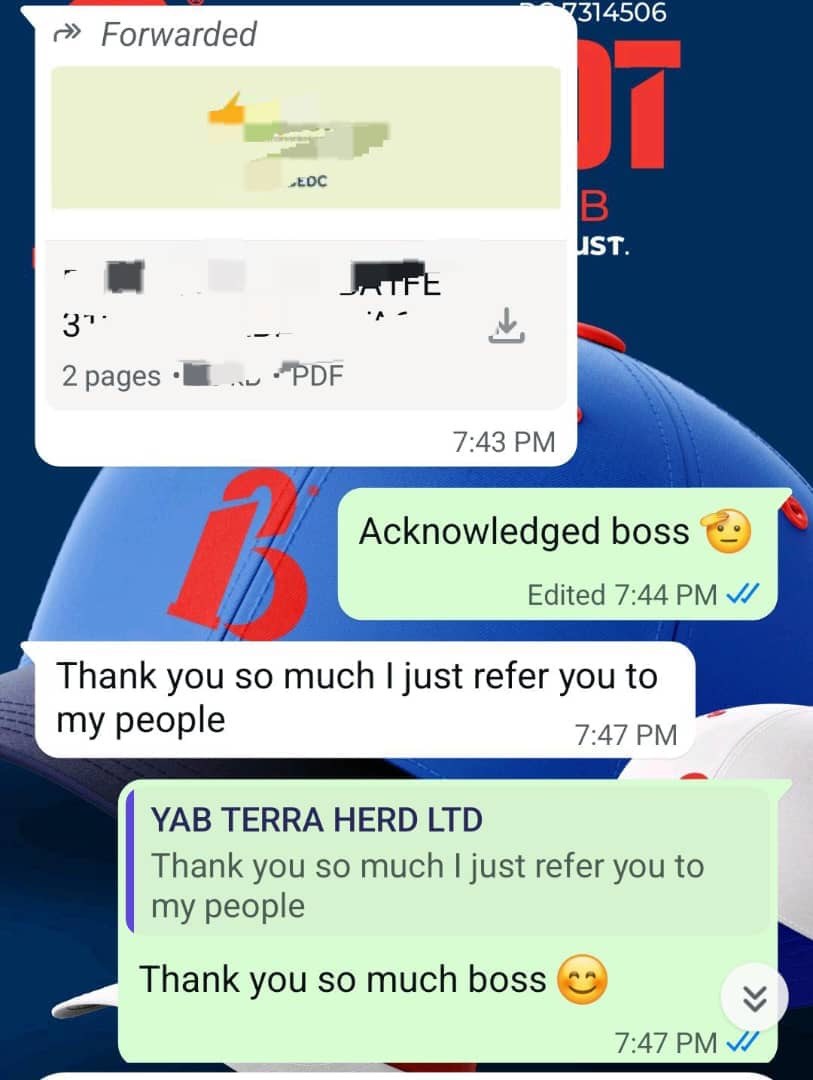 WhatsApp message delivering a Nigerian trademark acceptance letter to a BAMOT client